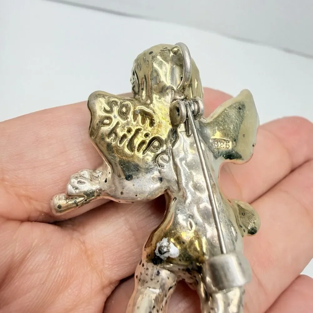 Vintage Sam Philipe 925 Sterling Silver And Gold Overlay Cherub Angel Brooch